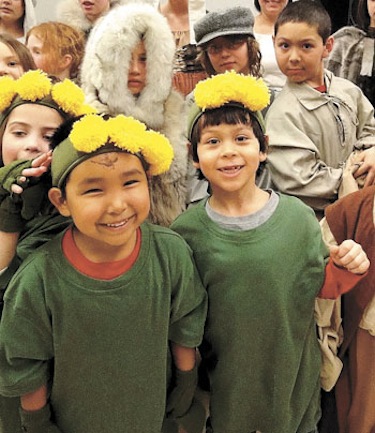 Students at Ecole des Trois-Soleils dress up as dandelions for the 2010 “L’Echo de nos voix: l’écho d’un peuple au Nunavut” production at the school. (FILE PHOTO)
