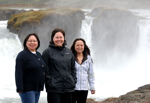 Rebecca Jones, Karen Inootik, and Jennifer Kadjuk, students at Arctic College’s Nunavut Teacher Education Program, stand near the Godafoss waterfall in Iceland, one of the most spectacular waterfalls on the island. The students travelled to Akureyri, Iceland last month to attend the International Congress on Arctic Social Sciences where they presented their research on what draws Inuit youth to teaching and the barriers that stop them from pursuing teaching as a career. (PHOTO BY HELLE MOELLER)