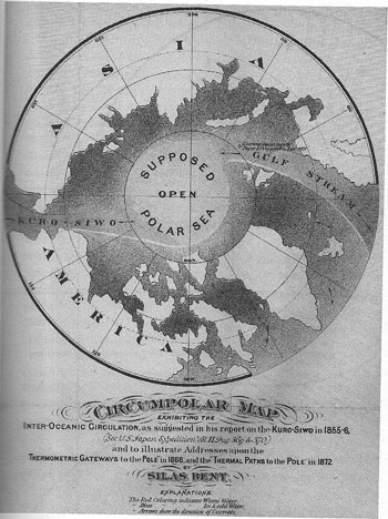 This map shows the “open polar sea” that 19th century explorers believed to exist beyond the ice rim of the Arctic Ocean.