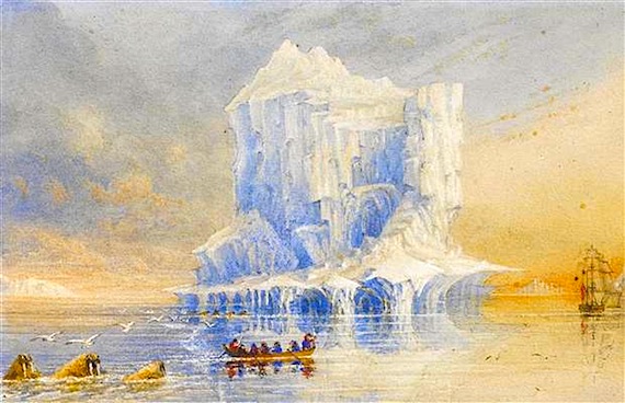 The image of an enormous iceberg towering above the expedition ship HMS Terror and one of its rowboats was painted by George Back, who captained the vessel during a trouble-plagued voyage to Hudson Bay in 1836. (IMAGE/ BONHAMS)


