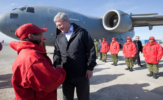 Canadian Rangers greet Prime Minister Stephen Harper on his Aug. 23 arrival to Resolute Bay. Nunavut Premier Eva Aariak also flew into Resolute Bay from Iqaluit. (PHOTO BY DEB RANSOM, PMO)