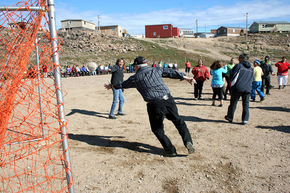 Elders from around the Eastern Arctic enjoyed a vigorous game of soccer in Cape Dorset Aug. 19, when Nunavik beat Nunavut 3-2. But Nunavut won 11-7 in a baseball game. Since the late 1980s elders from communities in northern Quebec and Nunavut communities like Iqaluit, Kimmirut, Cape Dorset and Coral Harbour have held such gatherings, usually every two years, to renew family ties and old friendships. This year's gathering was held this past week in Cape Dorset. (PHOTO BY JUSTIN NOBEL)