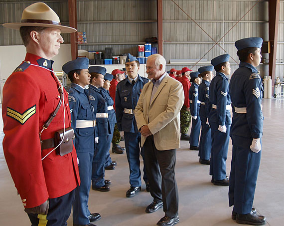 Governor General David Johnston inspects a quarter guard made up of Canadian Rangers, cadets and RCMP members shortly after arriving in Iqaluit Aug. 15. for a week-long visit to Nunavut, Johnston's first as Governor General, will stop in four other Nunavut communities before it ends Aug. 21 in Resolute Bay. (PHOTO BY CHRIS WINDEYER)