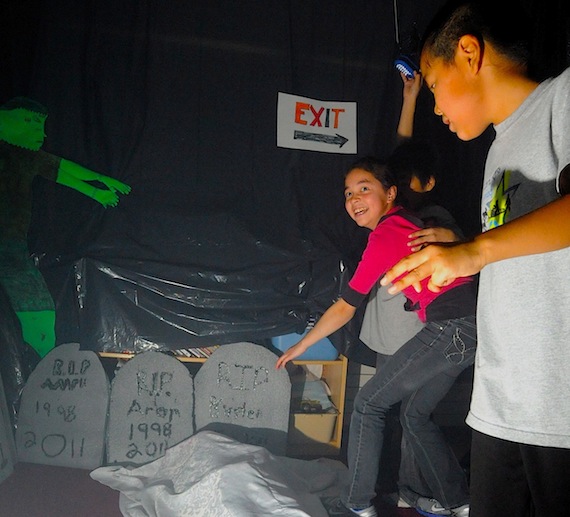 Students in Kristen Waye's Grade 5-6 English class at Ulluriaq School in Kangiqsualujjuaq created a haunted house in their classroom, which other students were welcomed to visit...if they dared. Nunatsiaq News reminds all trick-or-treaters to have a safe Halloween! (PHOTO BY PASCAL POULIN)