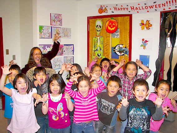 Grade One students at Hall Beach’s Arnaqjuaq School display their best scary-faces. Each year the school building’s interior gets a