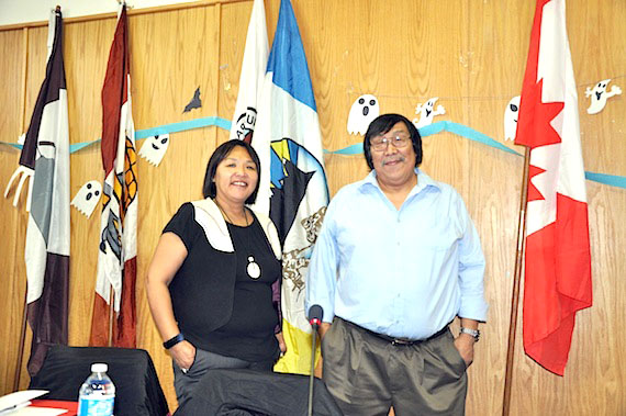 Qikiqtani Inuit Association president Okalik Eegeesiak, left, and QIA secretary-treasurer Joe Attagutaluk pose here at the opening of the organization's annual general meeting at the Abe Okpik Hall in Apex on Oct. 24. QIA's board of directors meeting starts Oct. 26, where its members will discuss the Inuit impacts and benefits agreement related to Baffinland's Mary River project. A draft of that agreement is expected to be completed by the end of 2011. (PHOTO BY SARAH ROGERS)