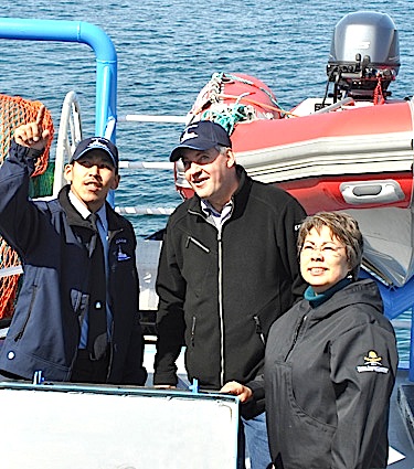 Premier Eva Aariak, right, gets a tour of the GN’s newly-launched research vessel, the MV Nuliajuk, in July 2011. The premier called on stronger government investment into Arctic waters at an Iqaluit conference this week. (PHOTO BY SARAH ROGERS) 
