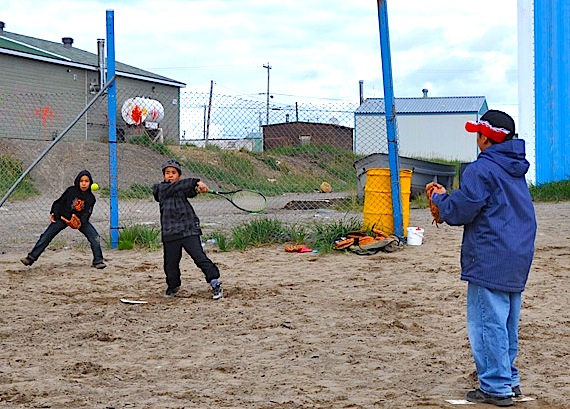 These Grade 5 students from Kuujjuaq's Jaanimmarik school hit the community's baseball diamond during a recent phys ed class.(PHOTO BY SARAH ROGERS)