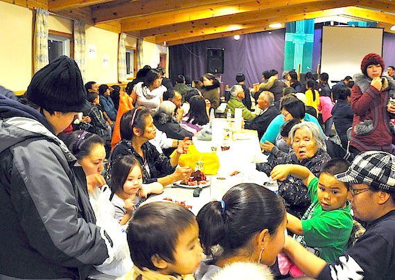 Iqalummiut crowded into St. Jude's parish hall Oct. 27 for a community feast organized by the Qikiqtani Inuit Association. The QIA held their annual general meeting and board of directors meeting in Apex this week. (PHOTO BY SARAH ROGERS)