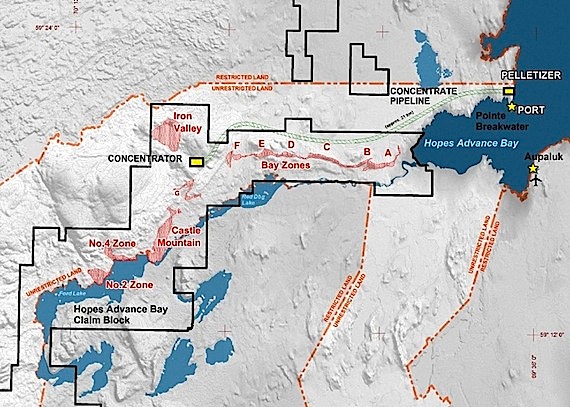 This map from the preliminary economic assessment for the Hopes Advance iron mine shows the huge iron mine and related infrastructure that Oceanic Iron Ore Corp. wants to build near the Ungava coast community of Aupaluk.