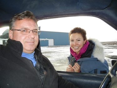 René Laserich, operations manager at Adlair, chats with Jesce Laserich, the airline's base manager, and his niece. (PHOTO BY JANE GEORGE)