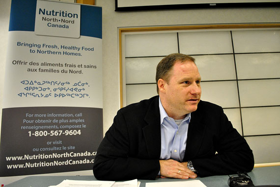Stephen Van Dine, the director general for devolution and territorial relations at Aborginal Affairs and Northern Development Canada, talks to reporters in Iqaluit Oct. 24 about the Nutrition North Canada program. Van Dine will appear before MLAs Oct. 25 to answer questions and will attend a public meeting in Kuujjuaq Nov. 8 and Nov. 9 with members of the Nutrition North advisory committee. (PHOTO BY JIM BELL)