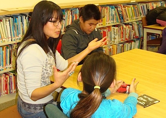 CyberWolf and former aboriginal role model Inez Jasper speaks last week with Jaanimmarik students Elijah Sequaluk and Harriet Koneak as the school launched its CyberWolf program. The CyberWolves program is an online group mentoring program for First Nations, Métis and Inuit students in Grades 7 and 8. CyberWolves first meet the students they will continue to mentor online during weekly sessions. During those periods, they'll discuss such subjects as education, careers, culture and community. Increasing academic achievement and encouraging healthy lifestyles are among the CyberWolves' goals. (PHOTO COURTESY OF JAANIMMARIK SCHOOL)