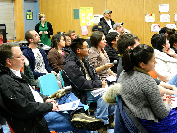 Many Apex residents turned out for a Nov. 15 meeting at the Ape Okpik Community Hall to discuss a plan which would see up to 72 new housing lots in their community. (PHOTO BY DEAN MORRISON)