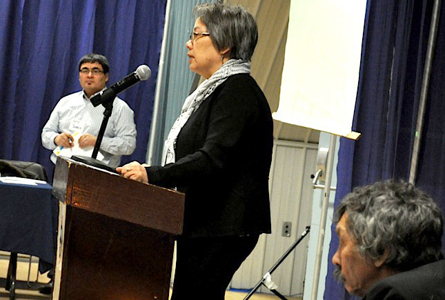 Premier Eva Aariak, left, and Nunavut Tunngavik Inc. Vice-President Jack Anawak, seated at right, open the Nunavut poverty summit Nov. 28. “The plan will be built on our current strengths and assets,” Aariak says. (PHOTO BY SARAH ROGERS)