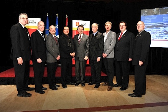 There was a ceremony at Laval university in Quebec City Dec. 15 to officially launch the university's new research chair on northern sustainable development. In attendance, from left to right: Paul Fortier, Laval's vice-rector, research and creation, Louis Fortier, ArcticNet scientific director, Gilles Couture, director of environment and quality at ArcelorMittal Mines Canada, Pita Aatami, president of Makivik Corp., Jean D'Amour, MNA for Rivière-du-Loup and parliamentary assistant to minister of natural resources and wildlife, minister responsible for the Plan Nord, Denis Brière, rector of the Laval, Thierry Rodon, who holds the research chair, François Blais, dean of the department of social sciences and François Sauvé, Laval's deputy vice-rector. (PHOTO COURTESY OF UNIVERSITE LAVAL)