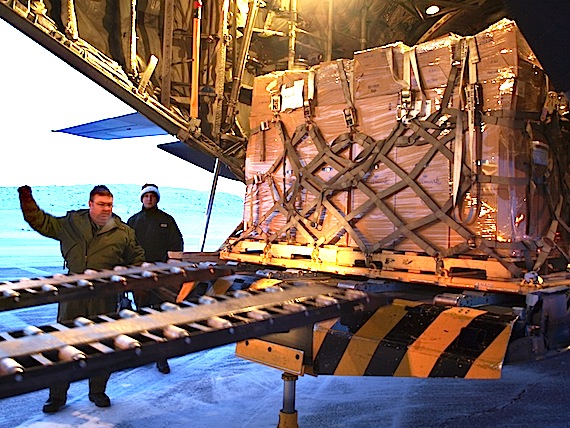 The toys arrive! Soldiers unload a pallet of toys from a C-130 Hercules Dec. 17 at the Iqaluit airport. People in Toronto donated the toys during Toronto Zoo's toy drive last month and the city's recent Santa Claus parade as part of a two year-old fundraising drive called “Toys for the North.