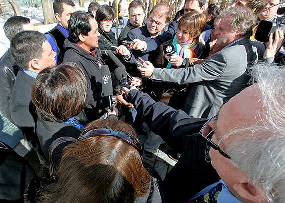 Pita Aatami, president of Makivik Corp., is surrounded by journalists at a March 2010 press conference in front of the National Assembly building in Quebec City, where he blasted the federal government for not making good on a promise to build the 1,000 new social housing units that he says Nunavik needed — and still needs today. (FILE PHOTO)