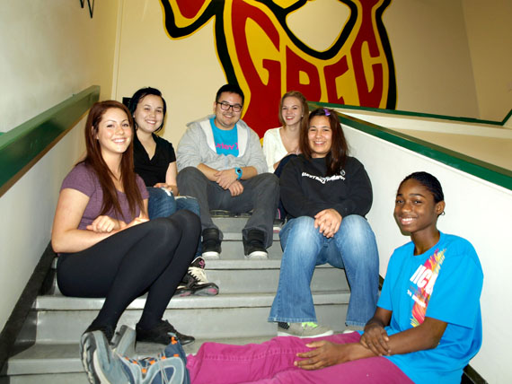 These Inuksuk High School students — left to right, Brittany Masson, Neoma Kippomee-Cox, Nigel Audla, Julia MacDonald, Janice Tagak, and Mary Anole — started an anti-bullying group in their school this past September. (PHOTO BY DEAN MORRISON)