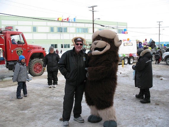 During the 2010 Omingmak Frolics in Cambridge Bay, Syd Glawson, the incumbent Mayor of Cambridge Bay, donned his muskox horns to pose with Ollie the Omingmak, the mascot of the community’s annual spring festival. (FILE PHOTO)