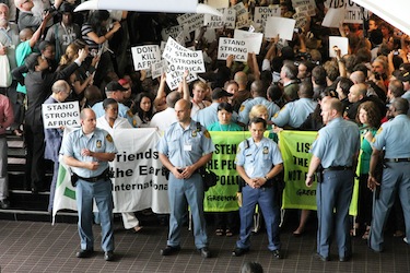 These protesters at the United Nations climate change conference in Durban, South Africa, wanted to see stronger action taken to curb climate change. (PHOTO BY FRANK TESTER)