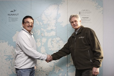 First Air President and CEO Scott Bateman, right, is pictured here with Harry Flaherty, president of Qikiqtaaluk Corp. at the launch of Qikiqtani First Aviation Ltd. last February. Bateman's abrupt resignation Dec. 13 was not related to the crash of flight 6560 near Resolute Bay this past August, Bateman said Jan. 20 in a statement issued through a lawyer. (FILE PHOTO) 