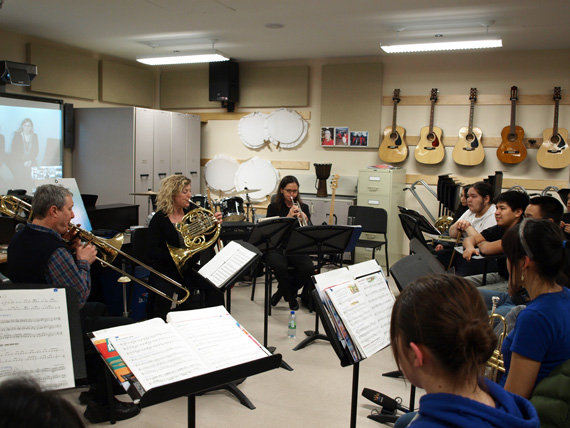 National Arts Centre Brass Trio members (from left) Don Renshaw, Julie Fauteux and Karen Donnely perform for music students at Iqaluit’s Inuksuk High School Jan. 23.The event was part of Music Alive, a program of the Ottawa-based NAC, which staged four concerts and a number of musical workshops in in Iqaluit Jan. 22 to 24. (PHOTO BY DEAN MORRISON)