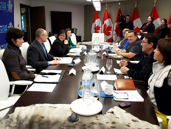 Nunavut MP Leona Aglukkaq (left centre) meets with leaders of various organizations and business in Iqaluit Jan. 16 as part of a pre-budget