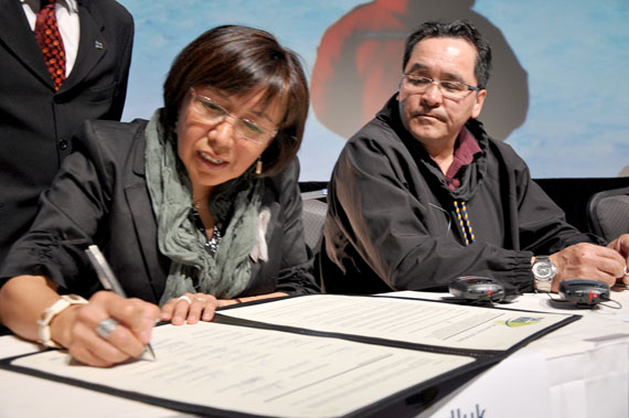 Quebec launched its long-waited Plan Nord in 2011, its 25-year vision to develop the province north of the 49th parallel. Makivik Corp. President Pita Aatami and Kativik Regional Government Chair Maggie Emudluk attended the May 9 launch, which announced, among other investments, 300 new social housing units for Nunavik, plus 200 new units under a new home ownership program. (FILE PHOTO)