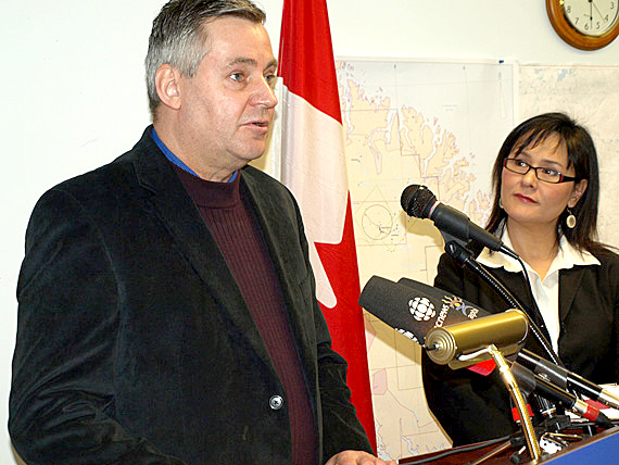 Daniel Shewchuk, Arviat MLA and minister responsible for Nunavut Arctic College was in Iqaluit at the Nunavut Fisheries Training Consortium Jan. 17 with Nunavut MP Leona Aglukkaq to announce joint territorial-federal funding of $4.4 million towards fisheries pre-training programs. The money will go to a program designed to increase Inuit participation in the industry. (PHOTO BY DEAN MORRISON)