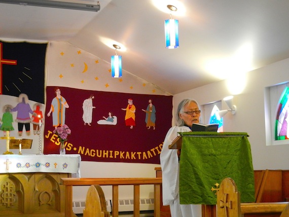 Cambridge Bay elder and lay leader Mary Kilaodluk leads the Feb. 19 Innuinaqtun service at the St. George's Anglican Church. There, worshippers remembered Bishop John 