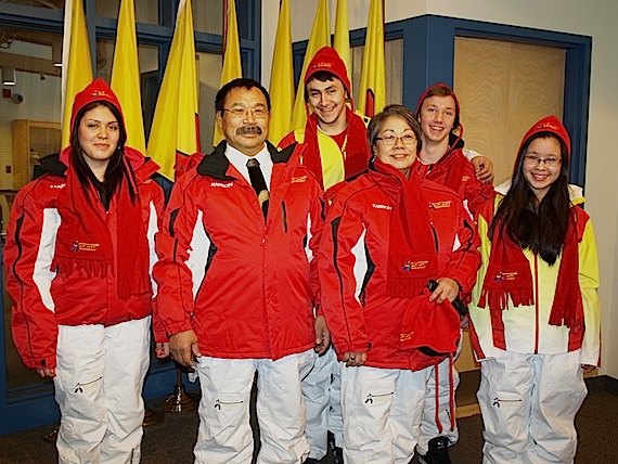 Tina Qaunirq, Saumik Darehshoripour, Chris Freda, and Annie Buscemi (back row) model Nunavut’s uniforms for the 2012 Arctic Winter Games with James Arreak, Nunavut's minister of Culture, Language, Elders and Youth, and Premier Eva Aariak (front row) at the Legislative Assembly on Feb. 21. The 2012 AWG take place in Whitehorse, Yukon from March 4 to 10. (PHOTO BY DEAN MORRISON)