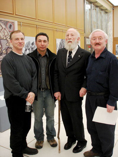 The late Bob Williamson had numerous friends throughout the Canadian Arctic. Here, Williamson, (second from right) stands with with Ed Picco, Kowesa Etitiq and Peter Irniq at an event held February 2009 at the Library and Archives Canada building in Ottawa. (PHOTO BY JANE GEORGE)