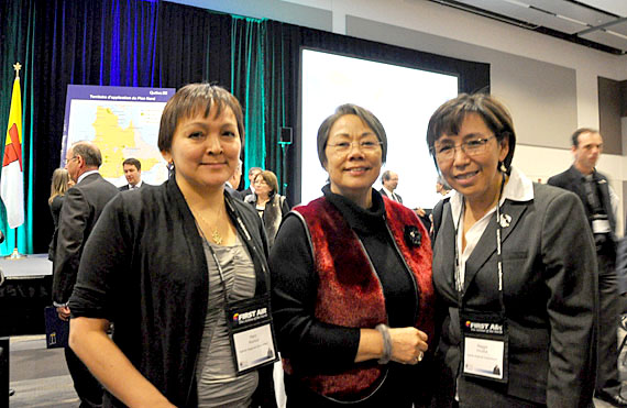 Kangiqsujuaq mayor Mary Pilurtuut (from left), Nunavut Premier Eva Aariak and Kativik Regional Government chair Maggie Emudluk gather at a luncheon talk by Quebec premier Jean Charest Feb. 2 at the Northern Lights business and cultural showcase in Ottawa. The three women are among dozens of northern leaders attending the third edition of the trade event, which runs until Feb. 4. (PHOTO BY SARAH ROGERS)