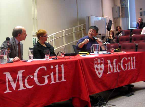 Harry Tulugak, right, speaks to a Feb. 11 conference about the role of Inuit in Quebec’s Plan Nord. The conference, titled Plan Nord: Perspectives, Challenges and Promises for Northern Indigenous Communities, was hosted by McGill University’s faculty of law. (PHOTO BY JOSEPH FLOWERS) 
