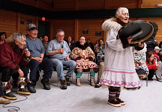 Tommy Kilaodluk (to the left) sings as his wife Mary Kilaodluk drum dances after a Kitikmeot Inuit Association feast in 2007. On March 30 people in Cambridge Bay said good-bye to elder Tommy Kilaodluk, who died earlier this week from cancer. (PHOTO BY JANE GEORGE)