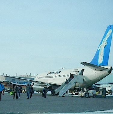 Here's a look at the First Air 737 at the Kuujjuaq airport March 9 when it landed after a delay of several hours. This jet with an owl on its wing has suffered from recurring mechanical problems with one of its generators, according to some First Air crew members. (PHOTO BY JANE GEORGE)