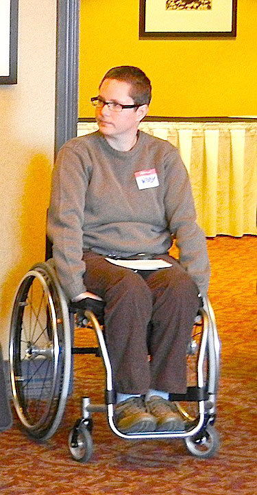 Wendy Ireland, the executive director of the Nunavummi Disabilities Makinnasuaqtiit Society, listens to Johnny Ittinuar of Rankin Inlet March 28 at workshop organized by the society to help identify the needs of Nunavummiut living with disabilities. (PHOTO BY JANE GEORGE)