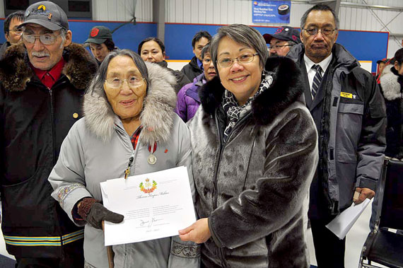 While visiting Pond Inlet to open its new arena on March 23, Nunavut Premier Eva Aariak presented Diamond Jubilee awards to three residents — Theresa Koopa Maktar, David Parks and Thomas Ootook — who have made