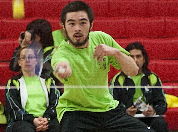 Jamie Eetook of Kangirsuk competes in badminton March 7 at the Arctic Winter Games in Whitehorse, Yukon. As of March 8, Team Nunavik-Quebec had earned 13 ulus during competitions and Team Nunavut had 21 ulus, including four gold ulus, five silver and 12 bronze. (PHOTO COURTESY OF THE KRG/MATHIEU COUTURE) 