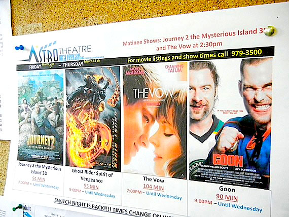 People in Iqaluit who wanted to see these movies, which were supposed to screen at the Astro cinema from March 9 to March 15, were surprised to find the movie theatre closed over the weekend. Reached March 12 at his Iqaluit home, owner Bryan Pearson, who opened the 135-seat, two-theatre facility in 1996, said he didn't want to comment on the reasons behind his decision to close down. He did say that the closure would