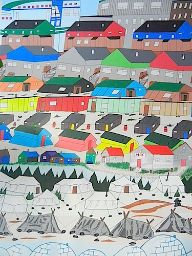 This painting by Kuujjuaq's Alec Gordon, which decorates the lobby of the Kativik Municipal Housing Bureau in Kuujjuaq, shows the evolution of housing in the community — a new home ownership program under Quebec's Plan Nord could spur another generation of privately-built houses in Kuujjuaq and other Nunavik communities. (PHOTO BY JANE GEORGE)