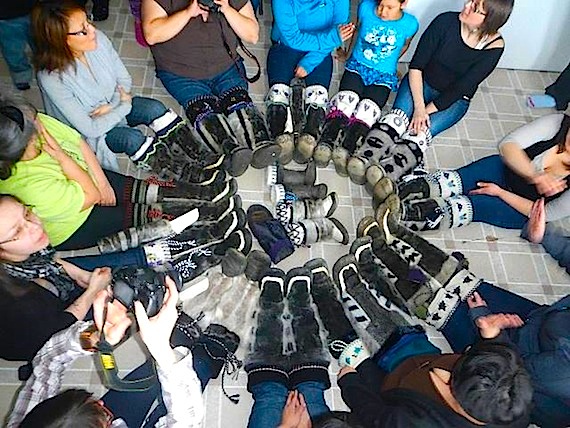 Look for some beautiful new sealskin boots around Iqaluit made by a group of kamik-makers at Iqaluit's Tukisgiarvik Centre, who displayed their new sealskin kamiks on March 31. The women participated in a kamik-making program which started at Tukisigiarvik on Jan. 17 and ended March 31. (PHOTO BY JEANNIE A. KULLUALIK)