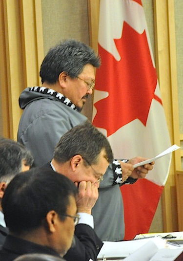 Speaking in the Nunavut legislature March 7, Nanulik MLA Johnny Ningeongan said potential clients of Nunavut’s Human Rights Tribunal feel threatened by the “formality” of the process and fear they risk losing their job. (PHOTO BY SARAH ROGERS)