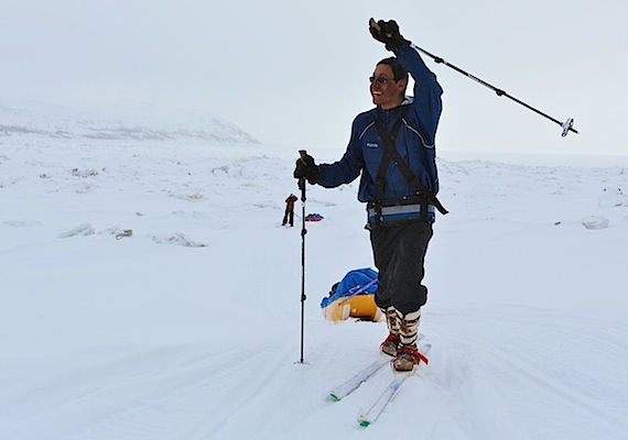 Noah Nochasak, 24, of Nain, Labrador arrives in Kangiqsualujjuaq April 4 after making 550-kilometre trek through the Torngat Mountains to the Nunavik community with Arctic trekker Jerry Koblenko, 55. Read more about their journey and see more exclusive photos of their arrival on Nunatsiaqonline.ca. (PHOTO BY PASCAL POULIN)