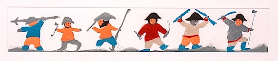 “Happy Warriors,” by Elisapee Ishulutaq shows a group of tiny soldiers with their helmets swords and even a spear. (IMAGE FROM THE 2011 PANG PRINT COLLECTION)