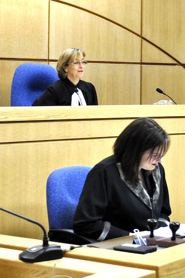 Supreme Court of Canada Justice Marie Deschamps (top) listens to evidence April 2 during a moot court session at the Nunavut Court of Justice in Iqaluit, which saw Grade 10 Inuksuk High School students playing all the roles of people in the courtroom, including the 