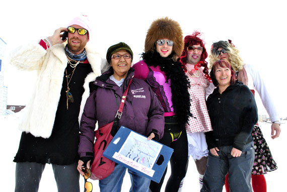 Can't tell the girls from the boys? Mitch Leblanc, Alex Solski, Pascal Maclellan and Dave Romanyk, all in drag, helped Edna Elias and Janet Brewster raise funds in Iqaluit April 28 for their 240-kilometre