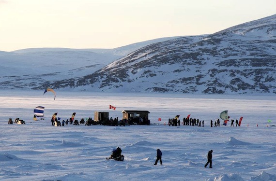Nunavik kite-skiers take part in the Nunavik Kite-Ski Championship's opening ceremonies April 17 in Kangiqsujuaq. The event is hosting competing skiers from six communities from April 18 to 22. (PHOTO COURTESY OF KRG)