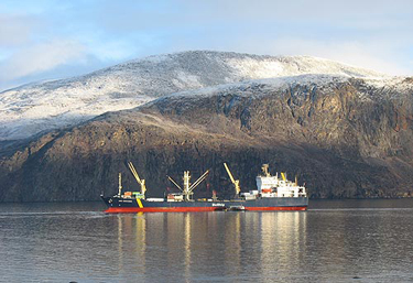 Here, NSSI's Anna Desgagnés carrier sits on the shores of Pangnirtung. (PHOTO COURTESY OF NSSI)